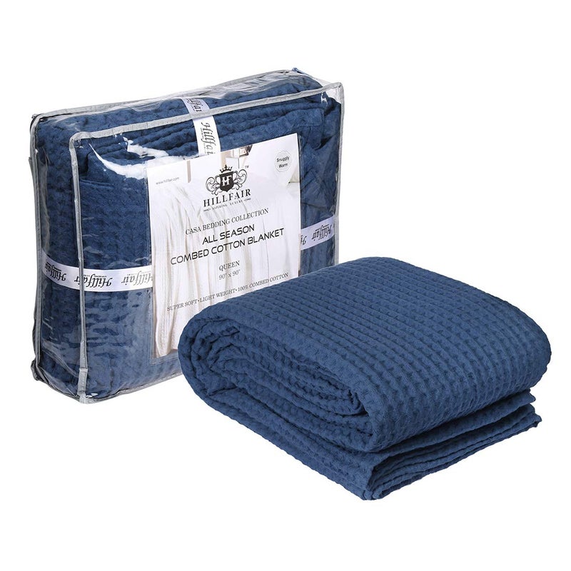 HILLFAIR 100% Combed Cotton Blanketâ€“ Twin Size Bed Blanketsâ€“ Warm Soft All Season Breathable Lightweight Summer Blanketsâ€“ Waffle Weave Home Decor Bed Blanket- Navy Twin Bed Cotton Blankets/Bedcovers - Image 1